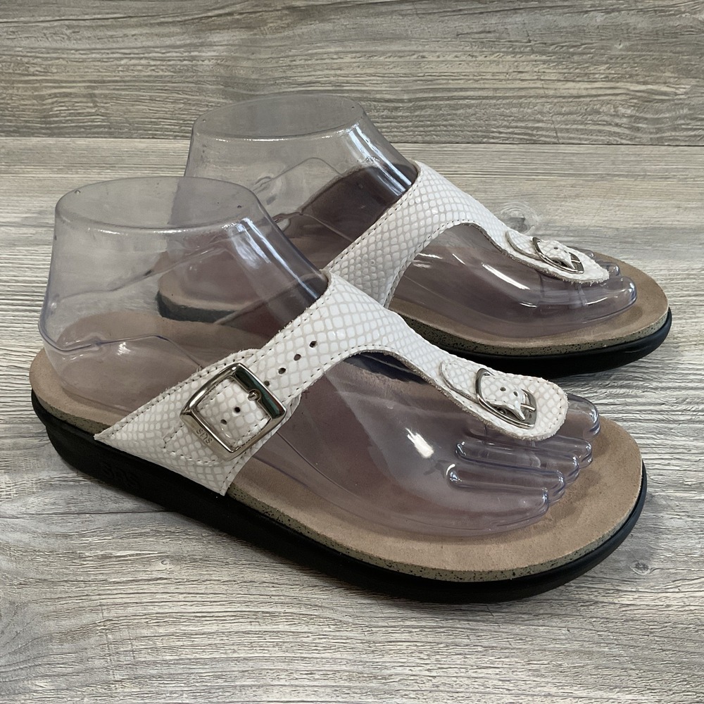 SAS Tripad Comfort White Snake Print Leather Thong Sandals Women's Size 7 M USA